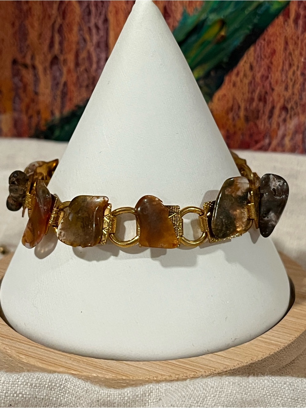 Vintage Gold-Tone Natural Agate Link Bracelet